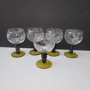 Roemer German Set 5 Apertif Cordial Cocktail glasses green steam etched 4.5"